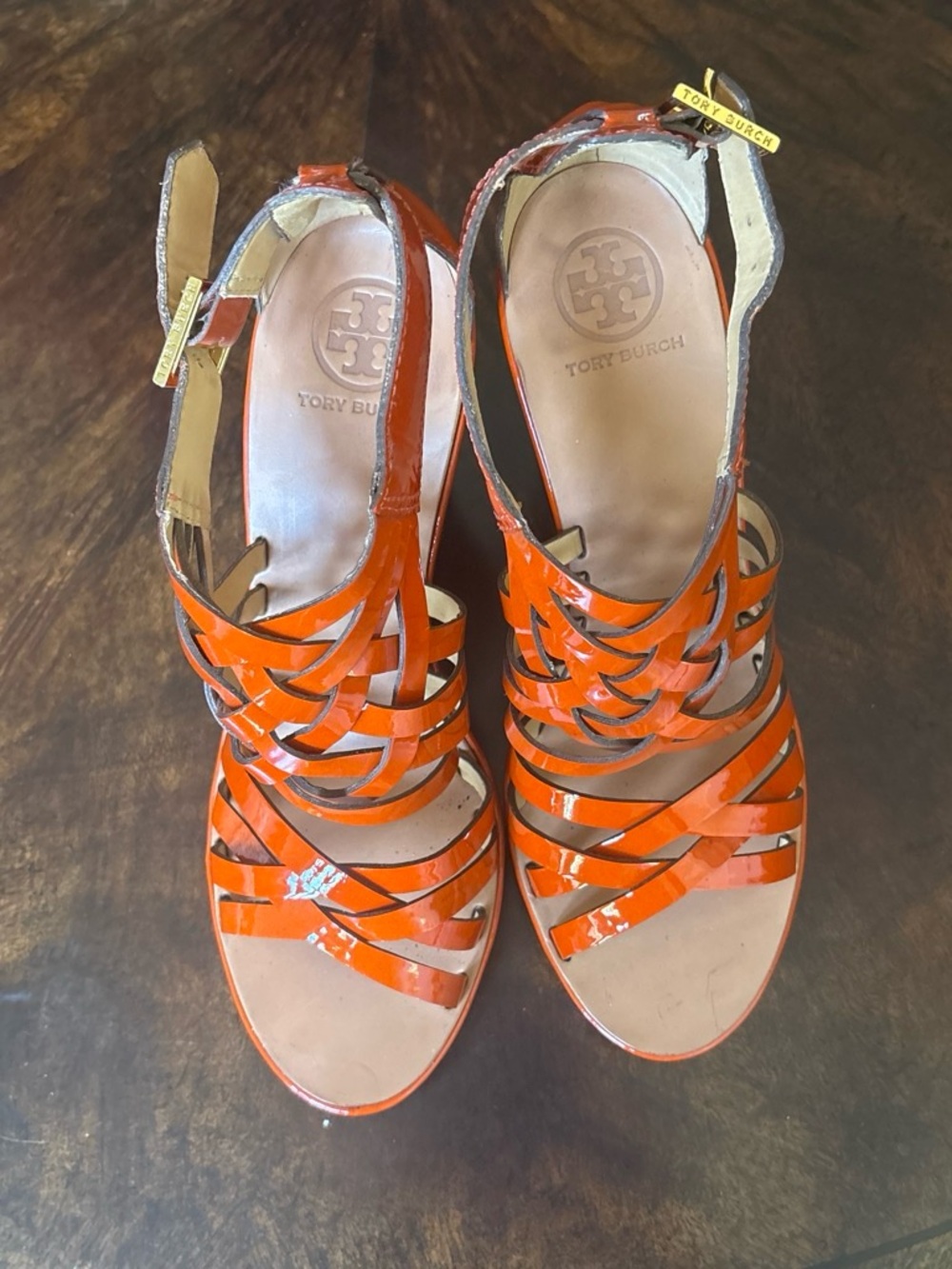 Tory Burch Orange Patent Leather Strappy Heels